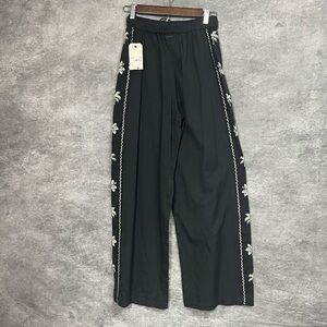 Elegant Black Embroidered Women's Wide Leg Pants